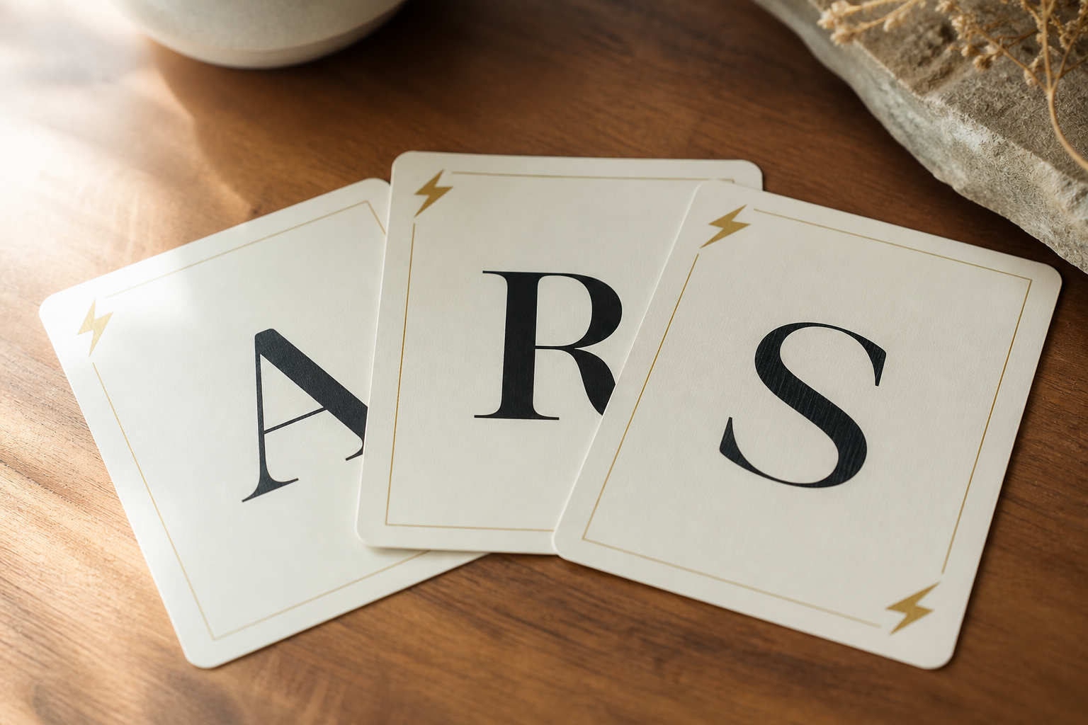 Tre carte lettera A, R, S sul tavolo di legno